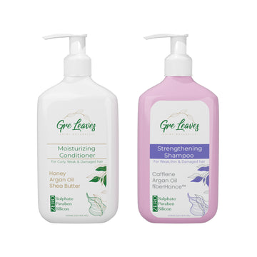 Two pump bottles, one labeled as Moisturizing Conditioner and the other as Strengthening Shampoo, both with green and purple text respectively, on a white background.