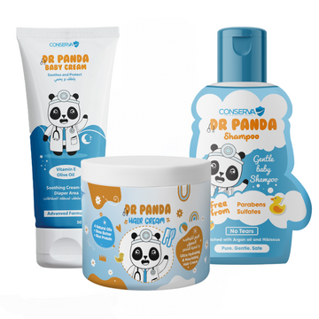 Set of Conserve AR Panda baby care products including cream, shampoo, and hair cream on a white background. best kids offer .