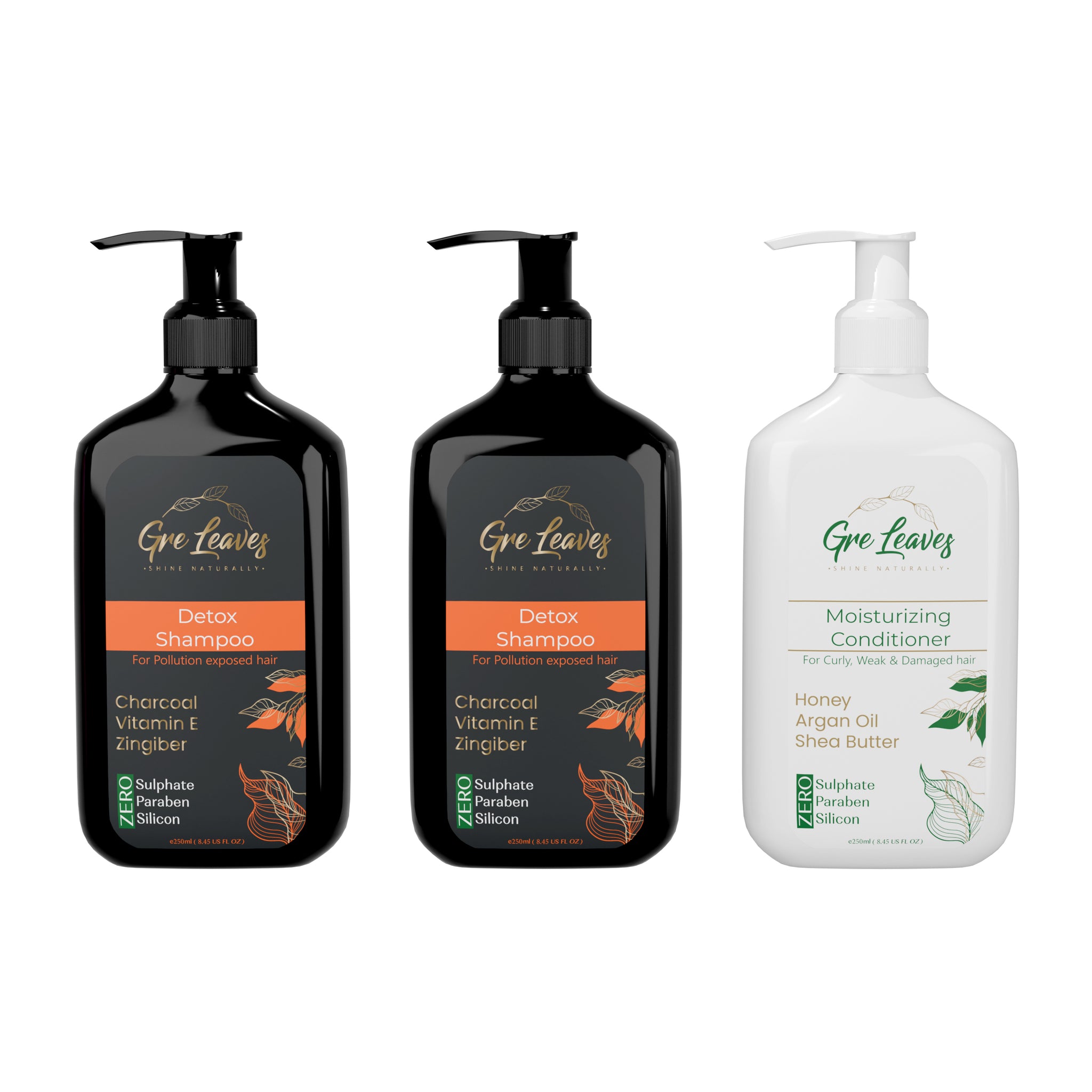 Three pump bottles with labels, from the brand Greleaves, for Detox Shampoo, Detox Conditioner, and Moisturizing Hair & Body Wash.