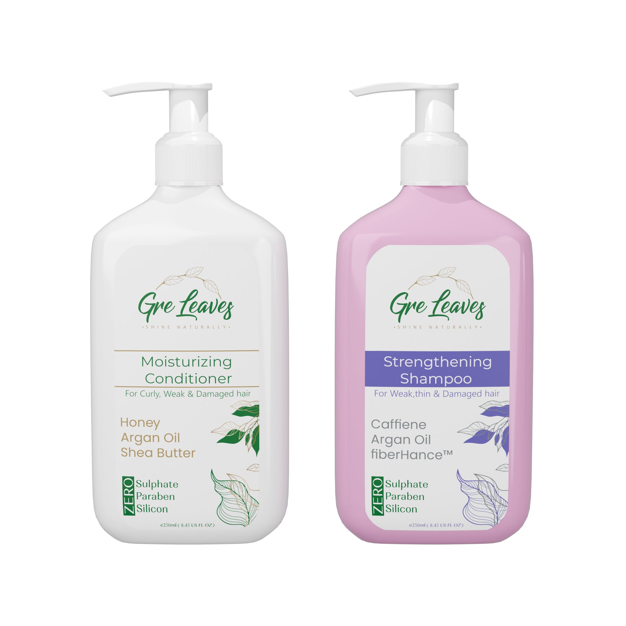 Two pump bottles, one labeled as Moisturizing Conditioner and the other as Strengthening Shampoo, both with green and purple text respectively, on a white background.
