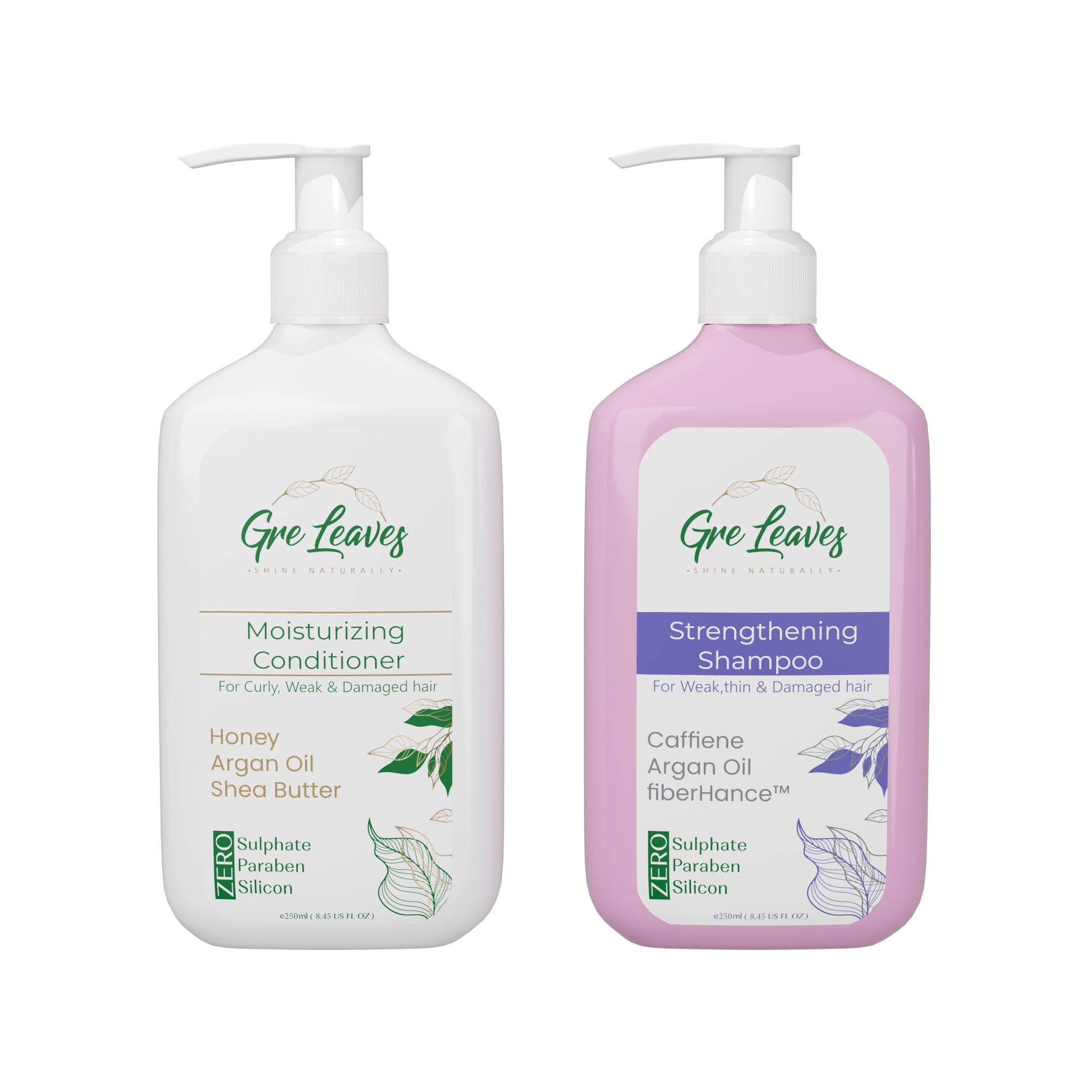 Two pump bottles, one labeled as Moisturizing Conditioner and the other as Strengthening Shampoo, both with green and purple text respectively, on a white background.