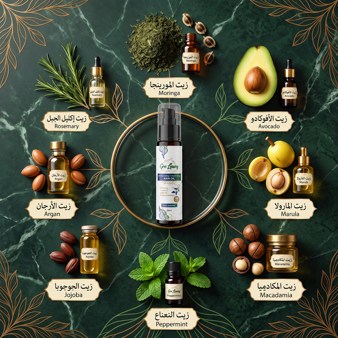 Greavey Hair Oil Strengthening & Moisturizing Hair Oil in a 50ml pump bottle with a clear cap, on a white background.