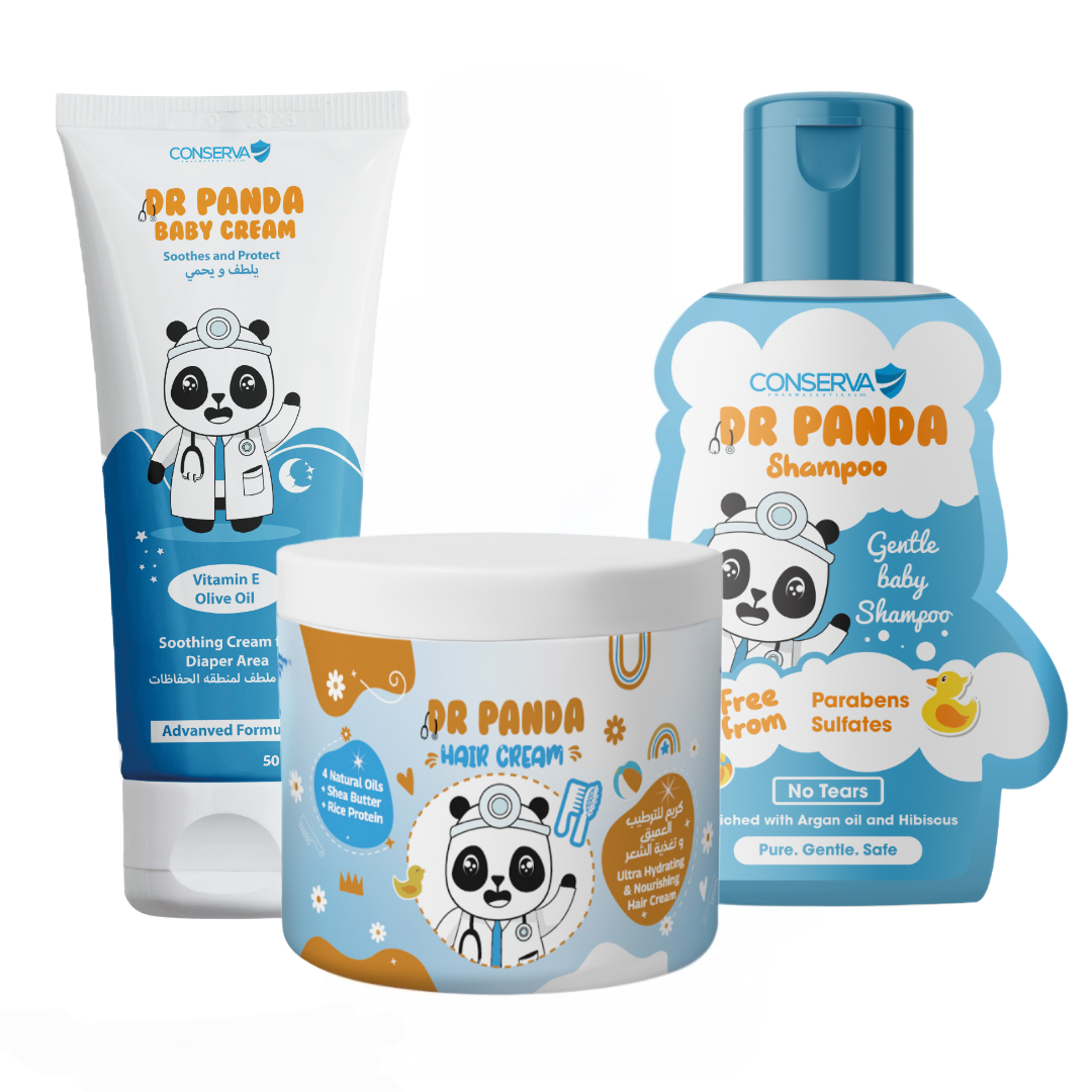 Set of Conserve AR Panda baby care products including cream, shampoo, and hair cream on a white background. best kids offer .