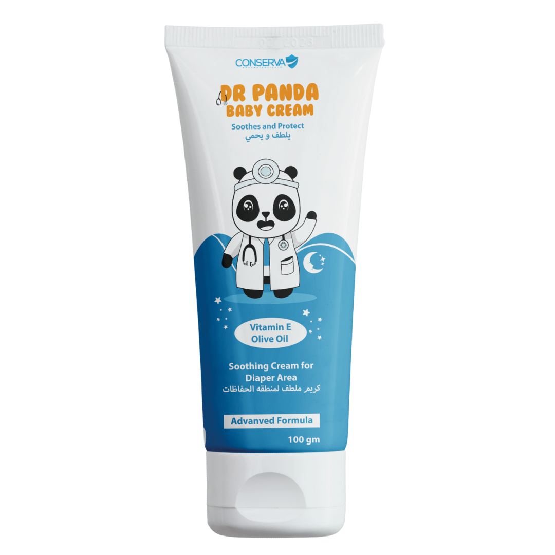 Tube of Dr Panda Baby Cream with illustration of a panda character, vitamin E and beeswax, indicating soothing cream for diaper area. Best diaper cream 