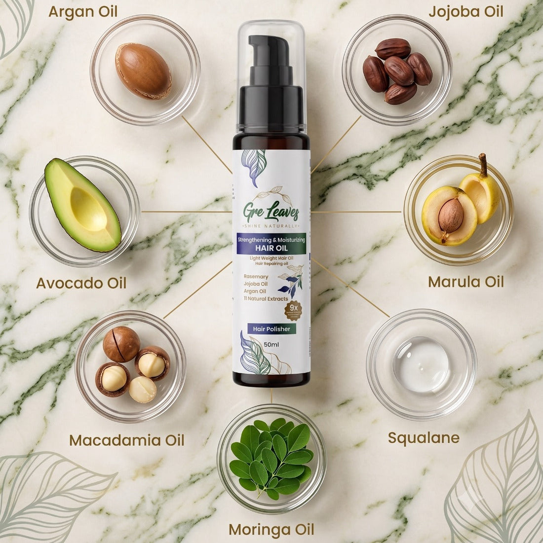 Greavey Hair Oil Strengthening & Moisturizing Hair Oil in a 50ml pump bottle with a clear cap, on a white background.